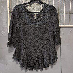 Size XS Free People Black Lace 3/4 Sleeve Ruffle Top